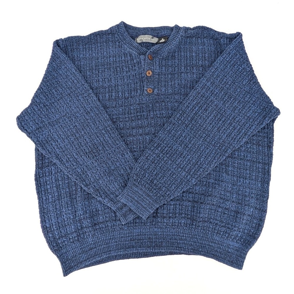 Oscar de la Renta Henley Sweater Blue Waffle Knit Cotton Blend‎ XL